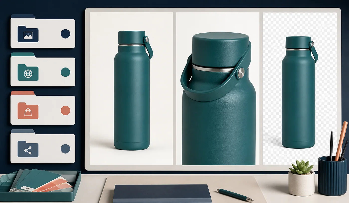 Organized product-image folders beside front, detail, and transparent versions of the same fictional product