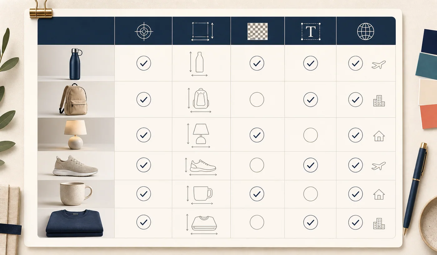 Product-image quality-control sheet checking dimensions, transparency, text clarity, and destination compatibility