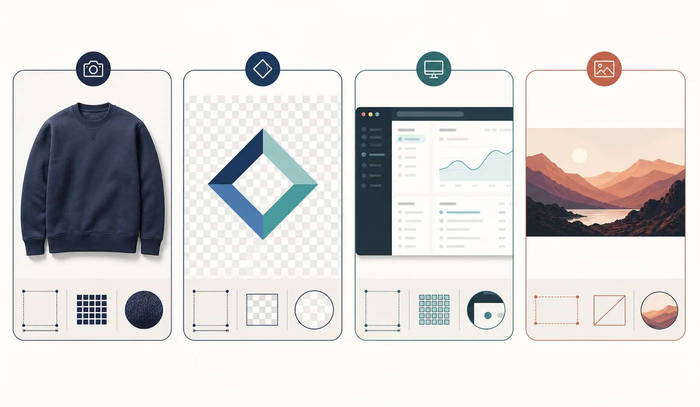 Comparison of image considerations for a product photo, transparent graphic, screenshot, and website banner