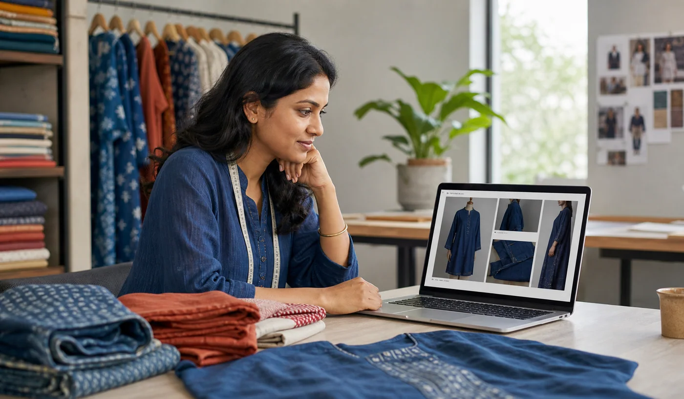 Indian online-store owner reviewing product-image dimensions and file formats on a laptop