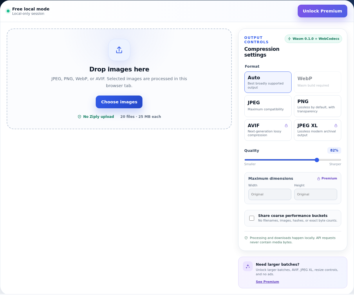Ziply image compressor interface showing local format selection, quality controls, and browser processing status